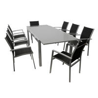 GARTEN-GARNITUR Ashford - 9-teilig Garten-Essgruppe (8x Stapelsessel mit Armlehnen, 1x Ausziehtisch 180/240x100cm), Gestell Aluminium - Schwarz, Metall - TPFGarden