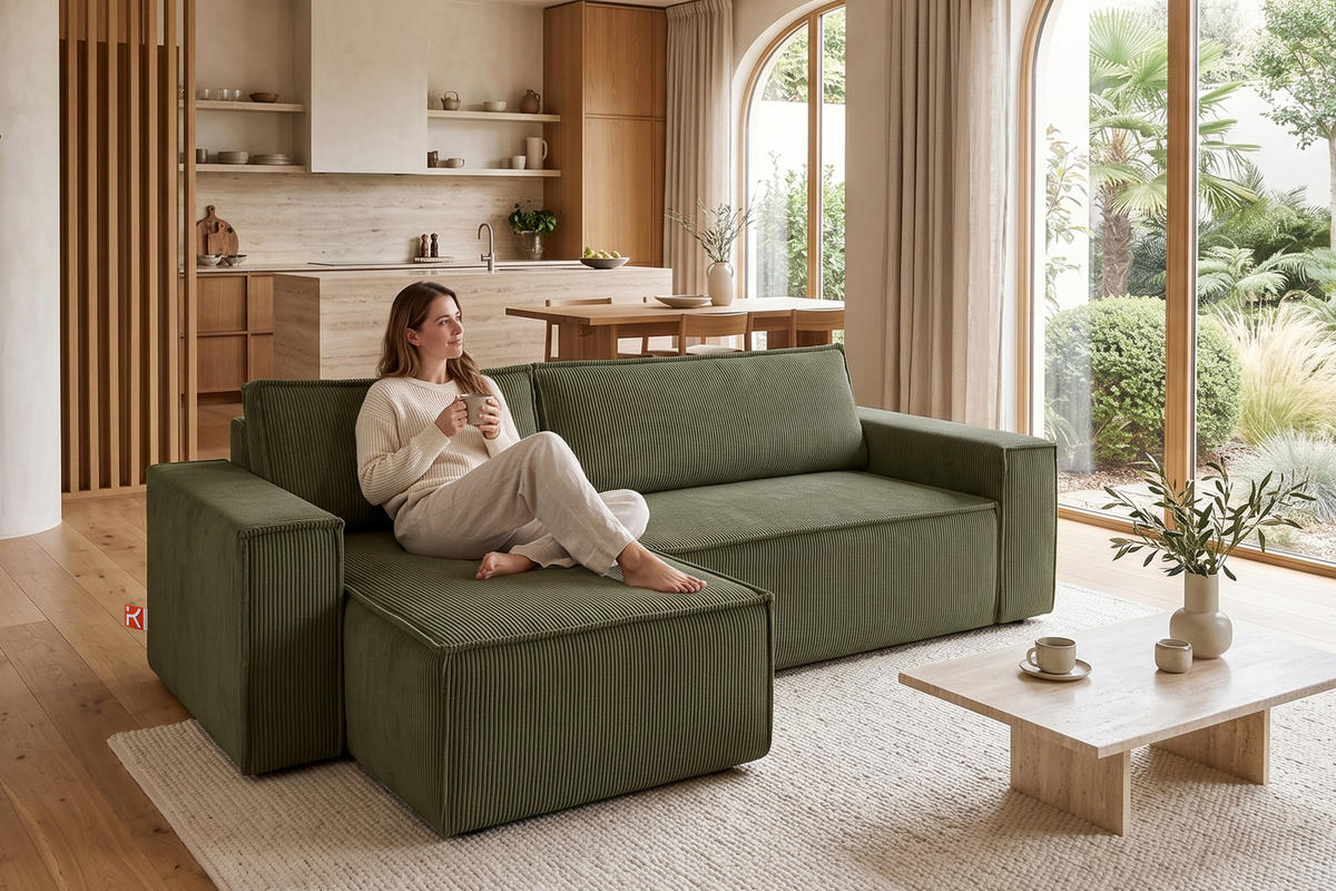ECKSOFA-LINKS/RECHTS NAPI Schlaffunktion mit Cordbezug, grün - Schwarz/Olivgrün, Textil (262/148cm) - KONSIMO®