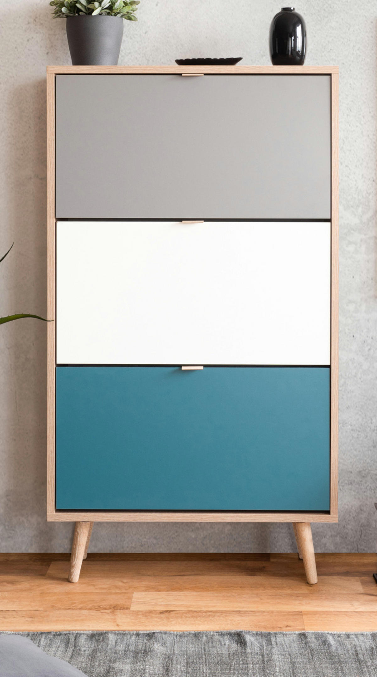 SCHUHKIPPER Eiche Sonoma, Petrol, weiß und grau, Schuhschrank Tricolor skandinavisch - Eichefarben/Petrol, Holz/Holzwerkstoff (70/125/24cm) - Furn.Design