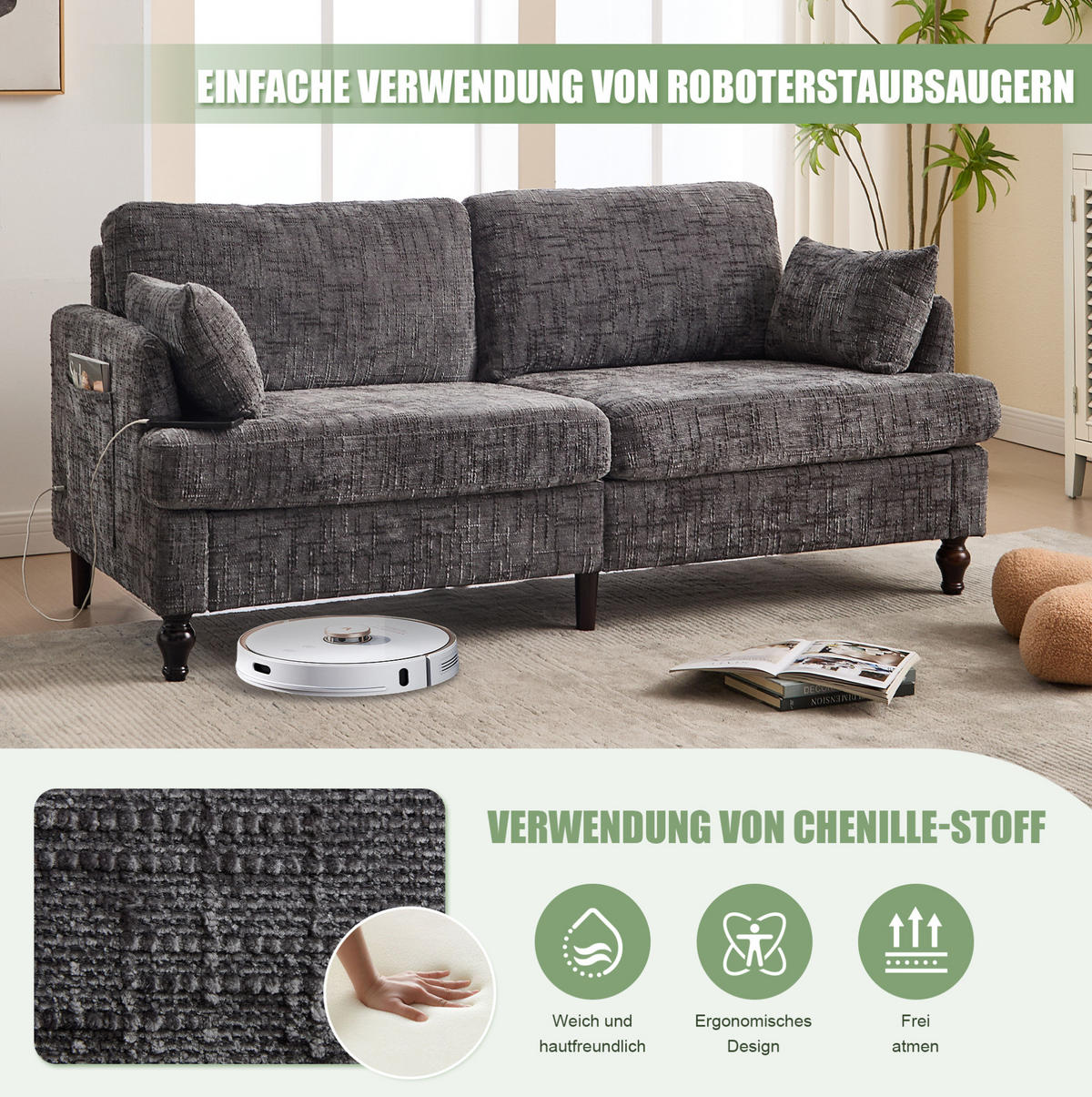 2-SITZER 175/83/78 cm grau aus Chenille mit USB, LED und Tasche - Grau, Textil (175/78/83cm) - OKWISH