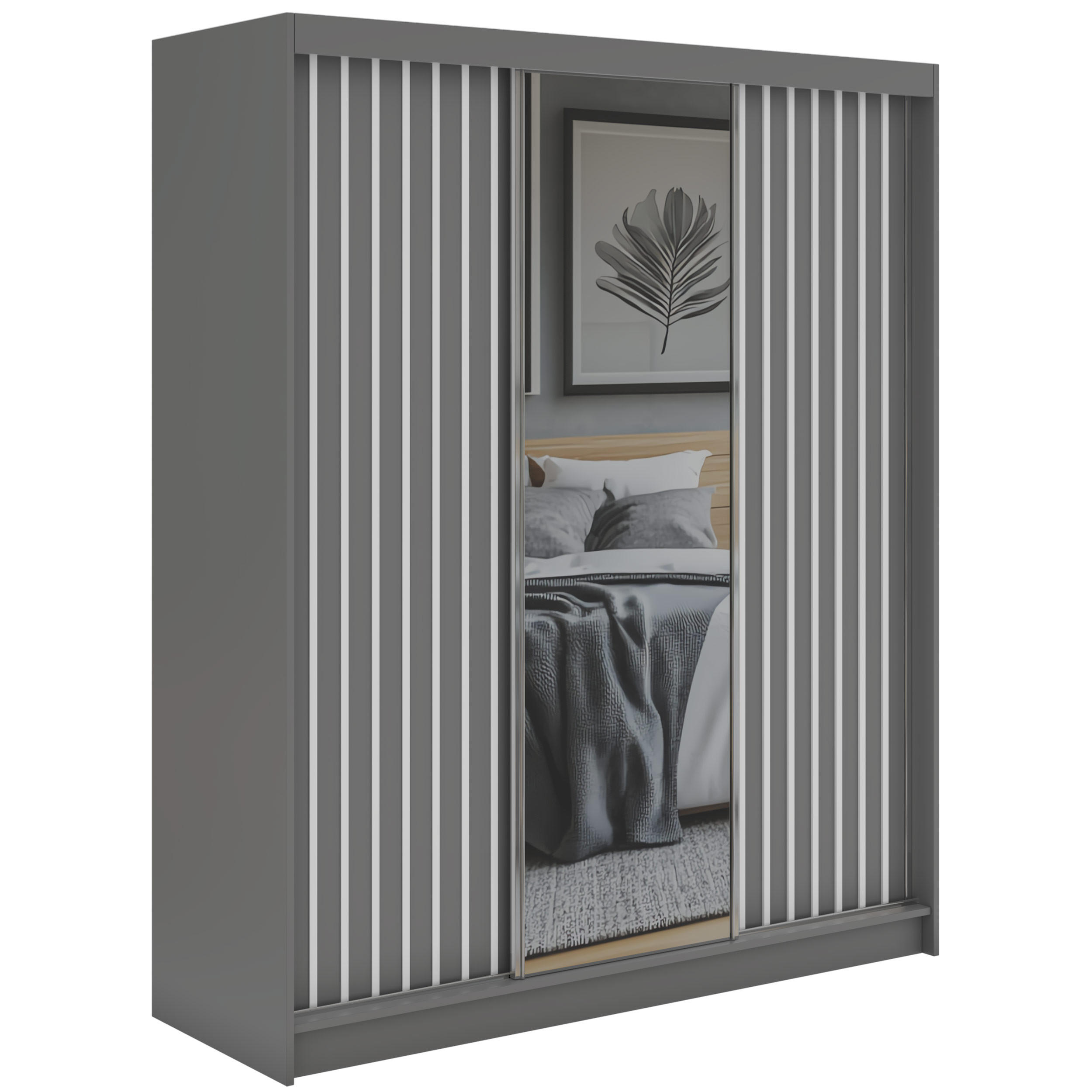 SCHWEBETÜRENSCHRANK mit Spiegel und Schubladen LAOS - 180 - Grau - Weiß Lamellen - Alufarben/Weiß, Holzwerkstoff/Metall (180/216/61cm) - MKS