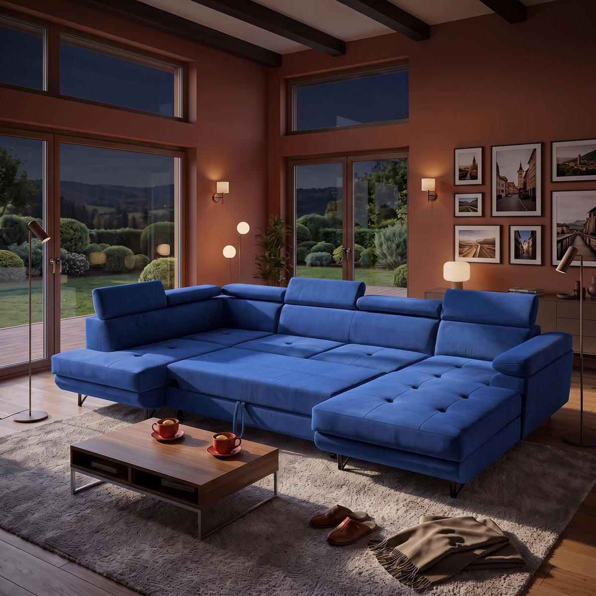 ECKSOFA U-Form JUNIOR U Links mit Schlaffunktion 128x254 Velours Blau - Blau/Schwarz, Holz/Textil (323/90/184cm) - Muffo