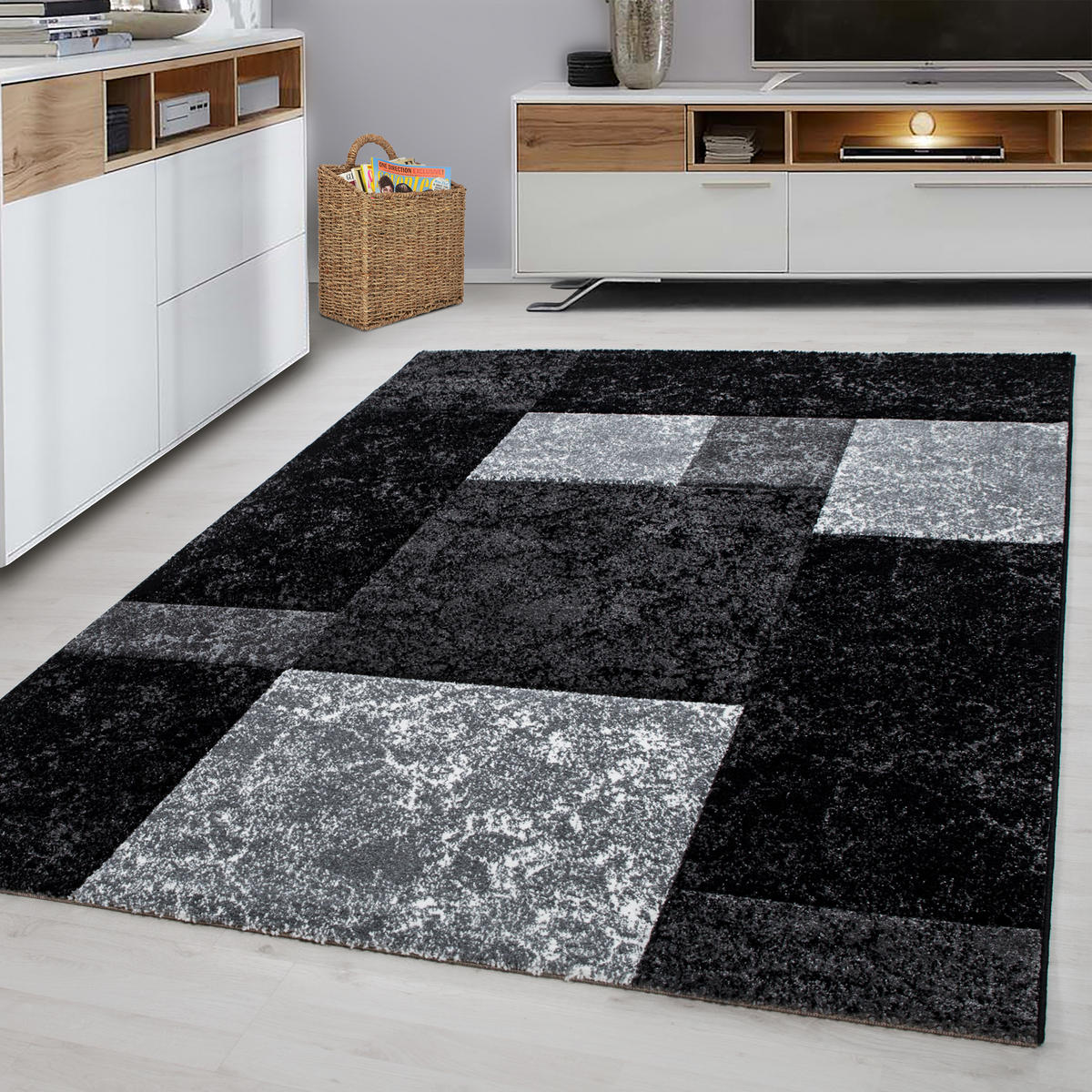 TEPPICH Kurzflor Karo Design Polypropylen Wohnzimmer Schwarz Läufer 80x150 - Schwarz, Textil (80/150cm) - KADIMA DESIGN