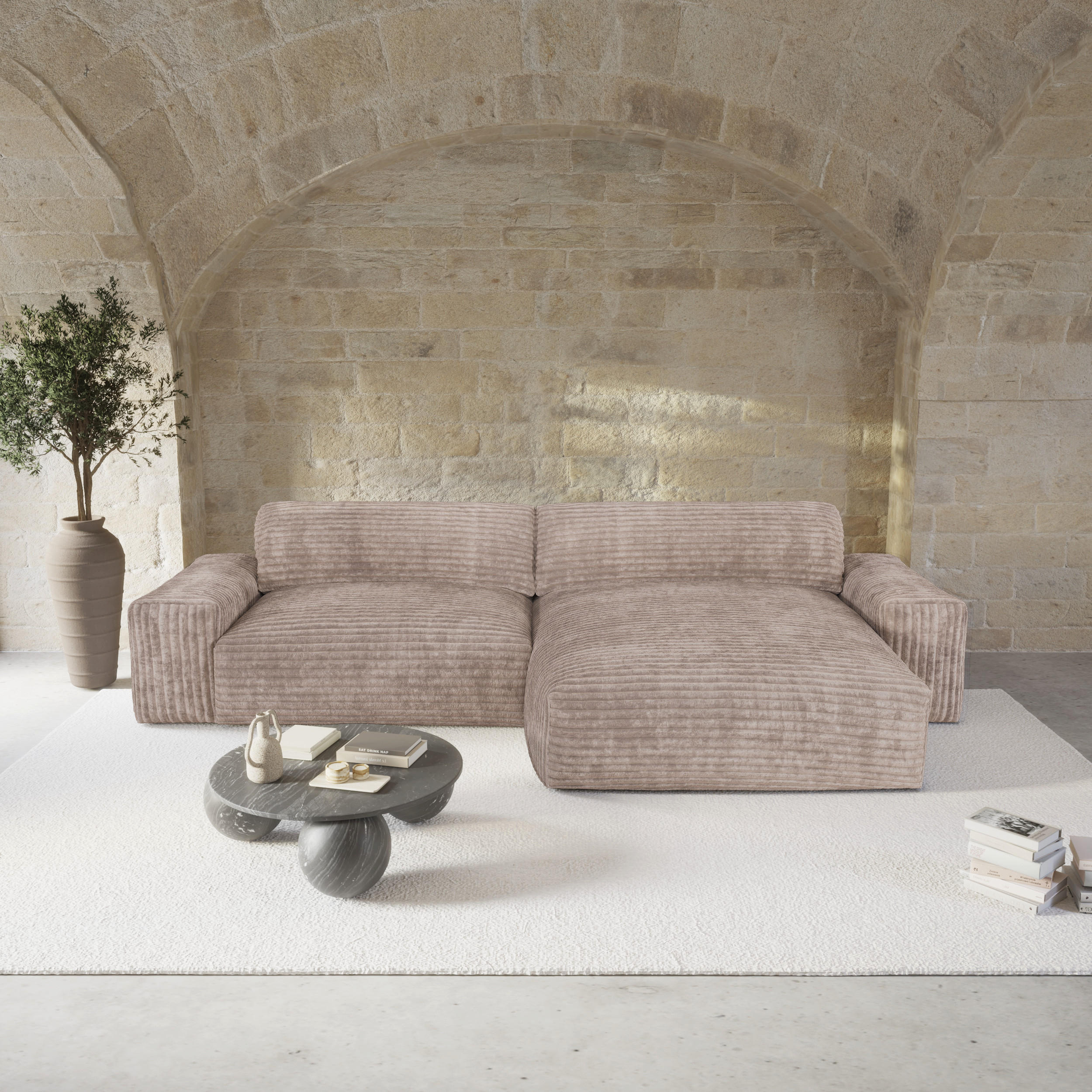 ECKSOFA RECHTS Gerippter Samt XXL Taupe 220cm - Taupe, Textil (220/120cm) - Sia Home