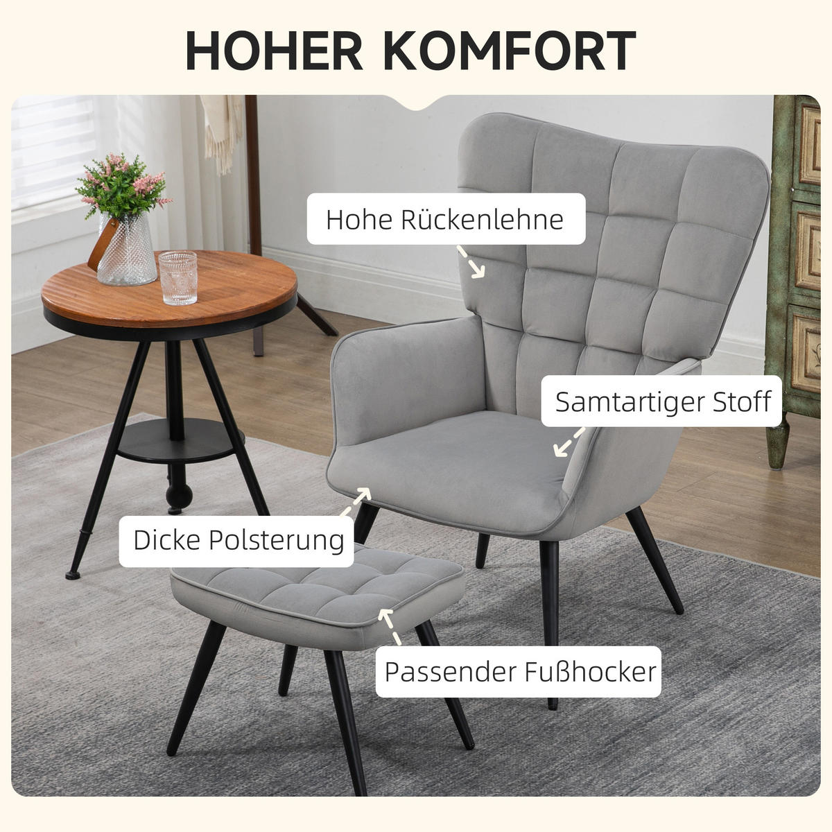 OHRENSESSEL, Relaxsessel, Hellgrau - Hellgrau, Metall (77.5/98/73cm) - HOMCOM