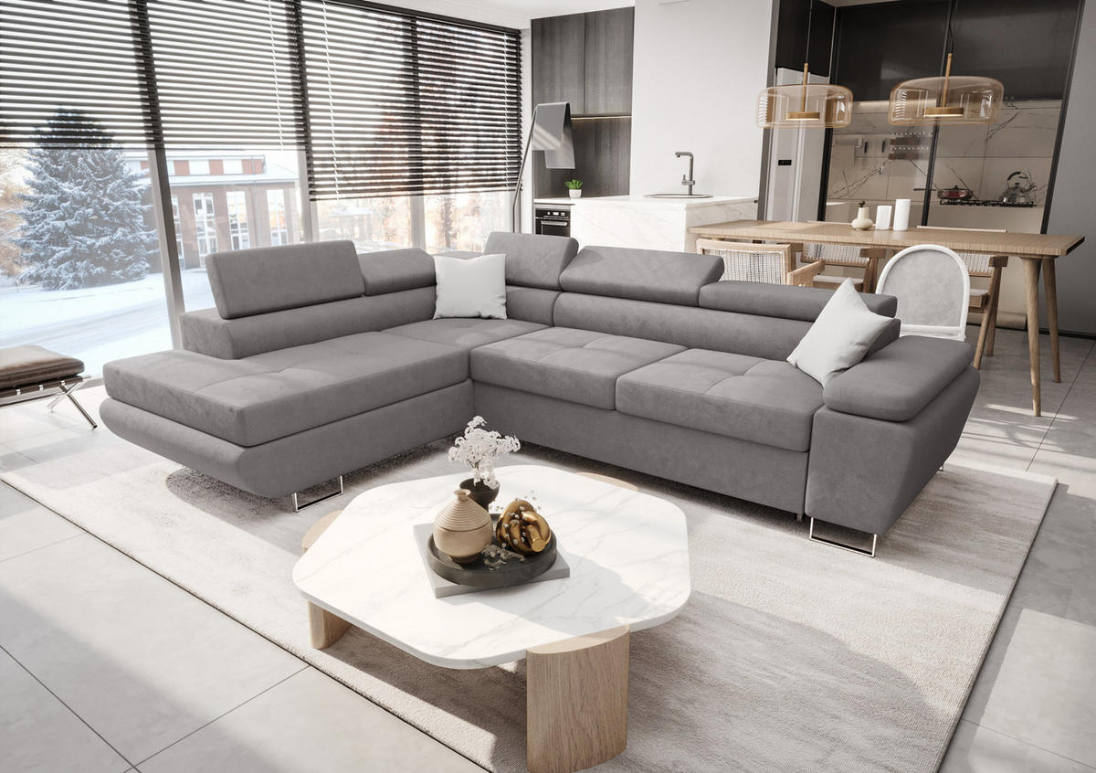 ECKSOFA KONGO RBN04, Eckcouch in L-Form mit Schlaffunktion, Farbe: Grau, Velourstoff, Ottomane Links - Grau, Textil (272/200cm) - O-Sofa