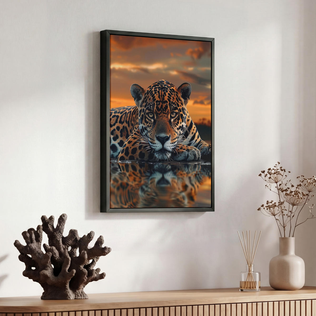 LEINWAND Bilder mit Rahmen - Natur - Leopard - Tier - Sonnenuntergang - Modern - 30x40 - Orange, Textil (30/40cm) - MuchoWow
