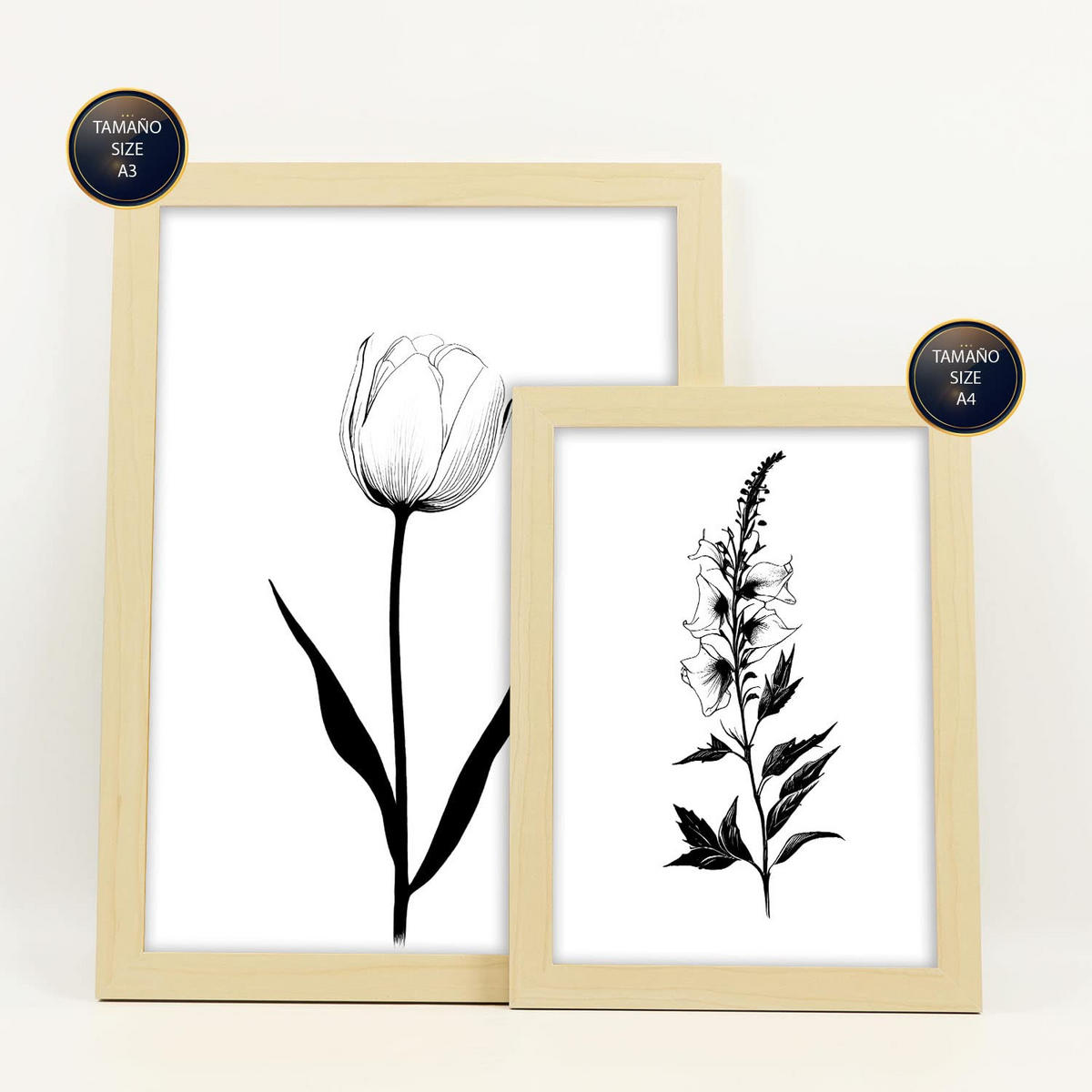 POSTER Set Mit 6 Kleine Blumen Natur Und Botanikdrucke Mit Blumenmotiven In Klassischem Schwarz Und Weiß A3 & A4 Rahmen Aus Hellem Holz - Beige, Papier (29/3cm) - Nacnic