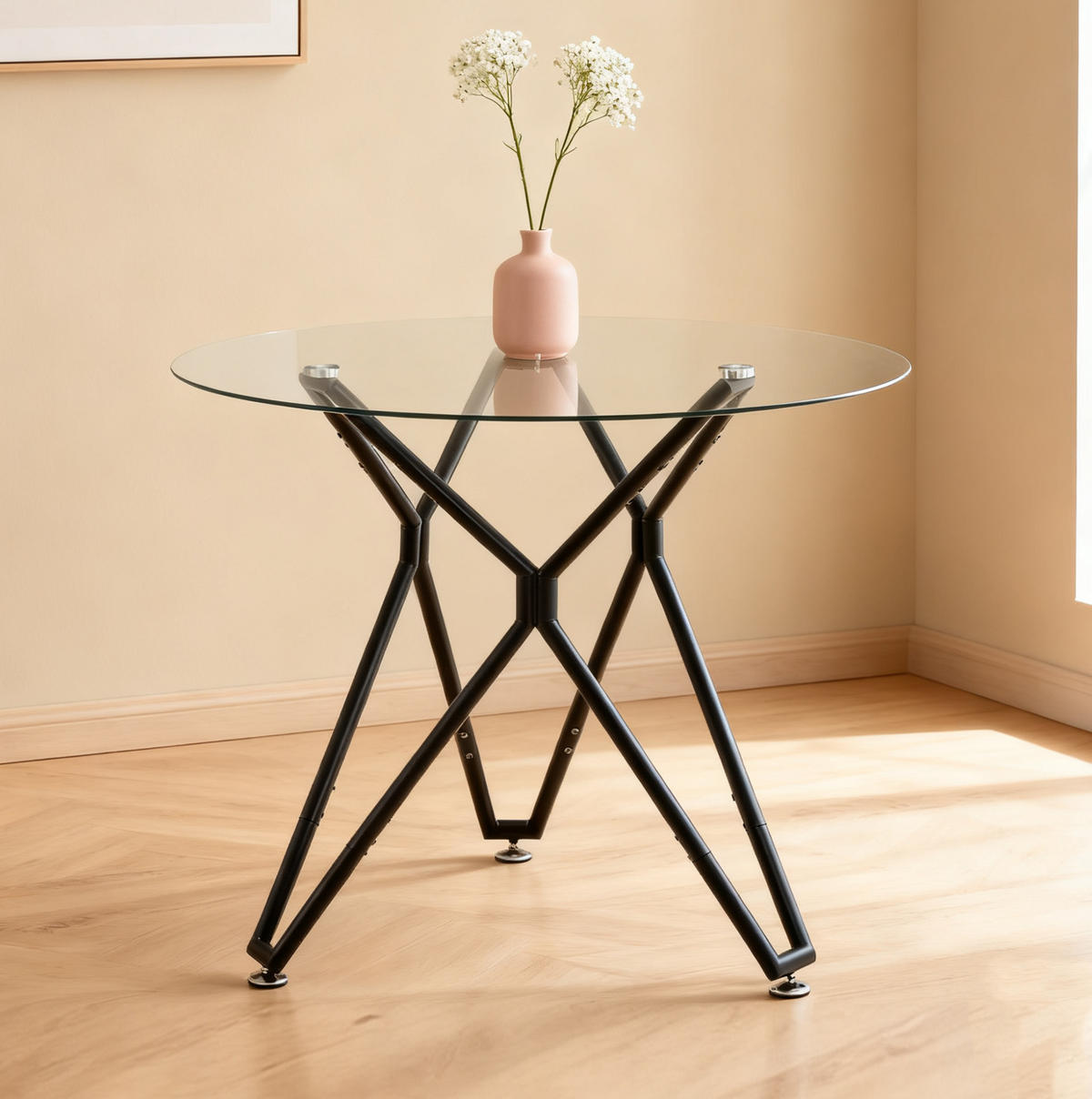 ESSTISCH 90/90/78 cm aus gehärtetem Glas mit Metallgestell und verstellbaren Füßen, Schwarz - Schwarz, Glas (90/90/78cm) - Redom