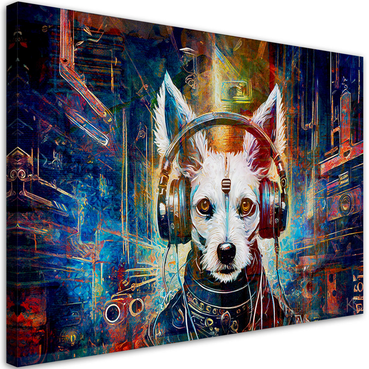 LEINWANDBILD Hund im Kopfhörer Abstraktion 90x60cm - Multicolor, Textil (90/60cm) - Feeby