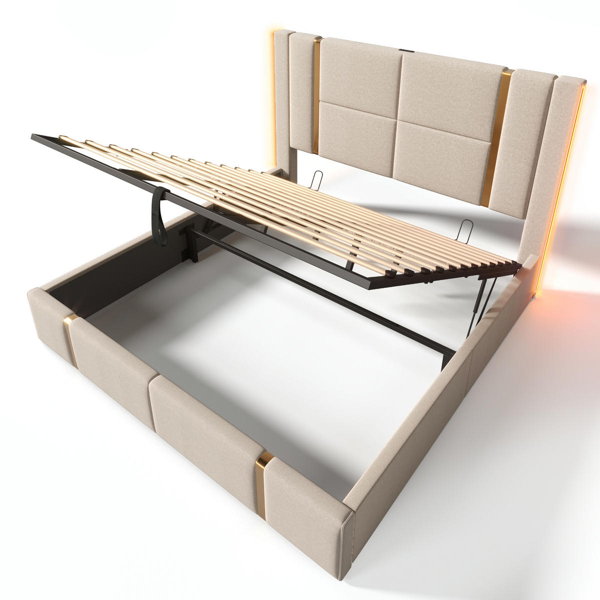 POLSTERBETT 180/200 cm mit Bettkasten, LED & USB/Typ-C am Kopfteil, Lattenrost,Beige - Beige, Textil (180/200cm) - Redom