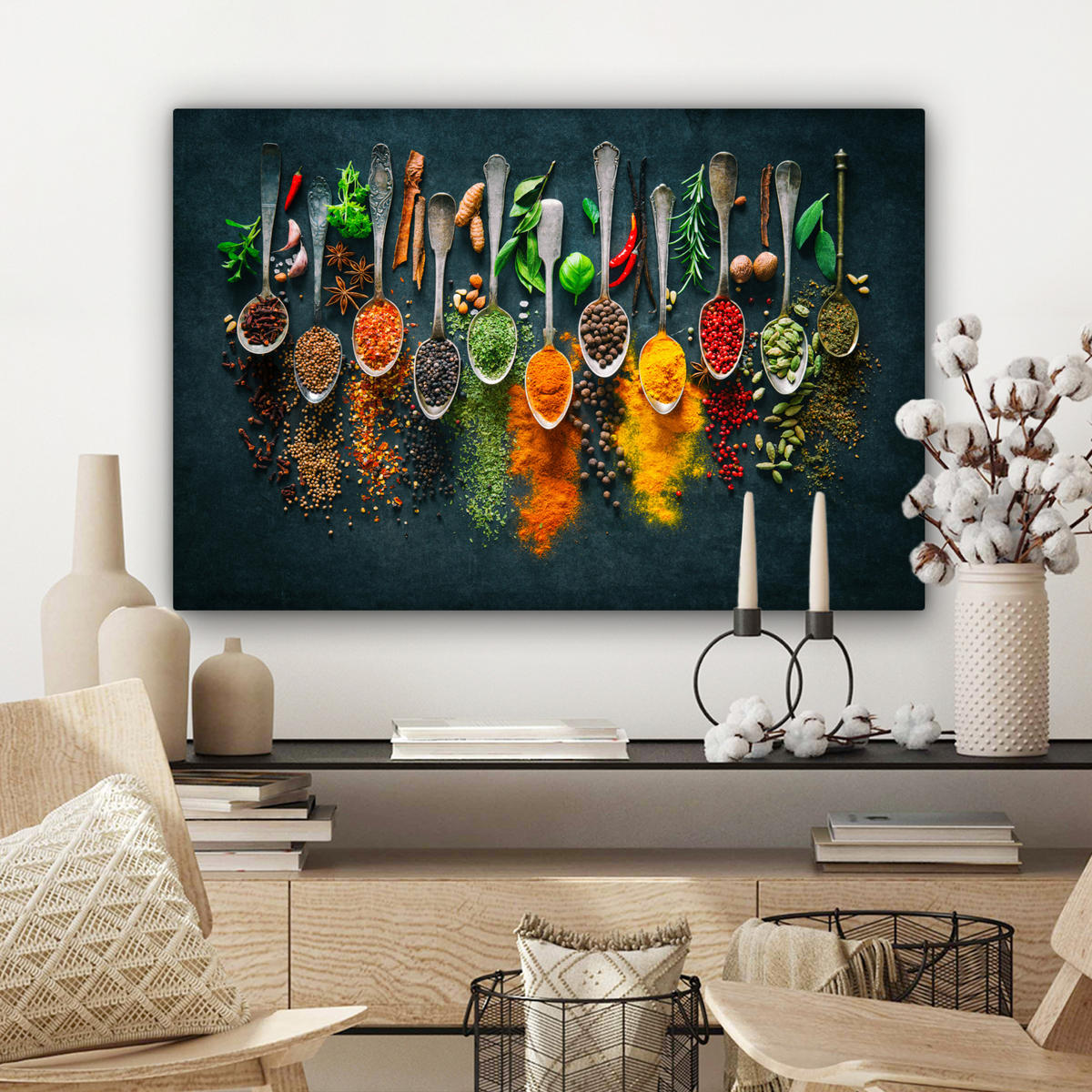 LEINWANDBILD Kräuter - Gewürze - Löffel Wanddeko 90x60 cm - Currygelb, Textil (90/60cm) - MuchoWow