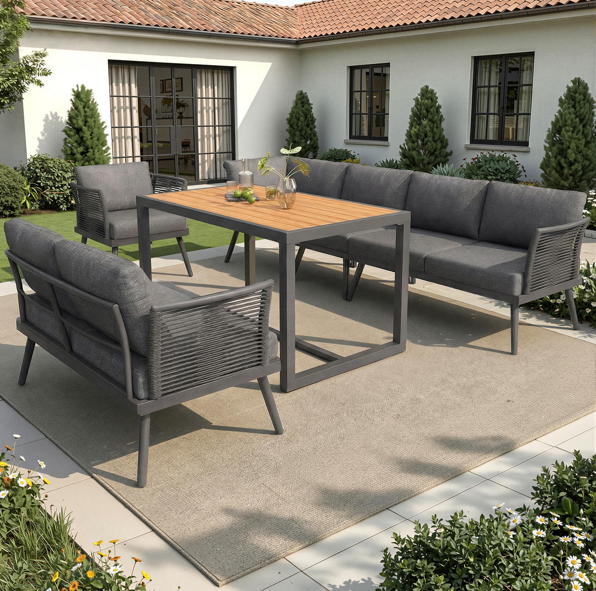 GARTENSETS aus Eisen Grau mit Couchtisch & abziehbaren Bezügen - Grau, Metall - Modfu
