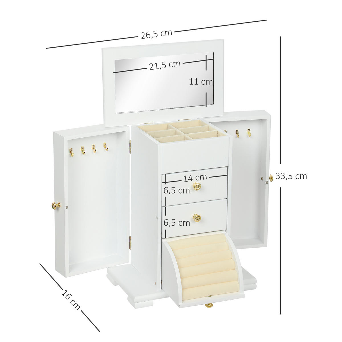 SCHMUCKKASTEN DE-18315 4-stöckig mit Spiegel & 2 Schubladen Weiß - Weiß, Holzwerkstoff (16/33.5/26.5cm) - ComfortXL