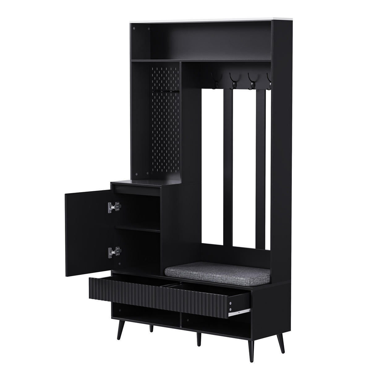 FLURGARDEROBE mit Sitzbank, 4 Haken und Schuhablage in Schwarz 100/35/180 cm - Schwarz, Holzwerkstoff (100/180/35cm) - BEAOK