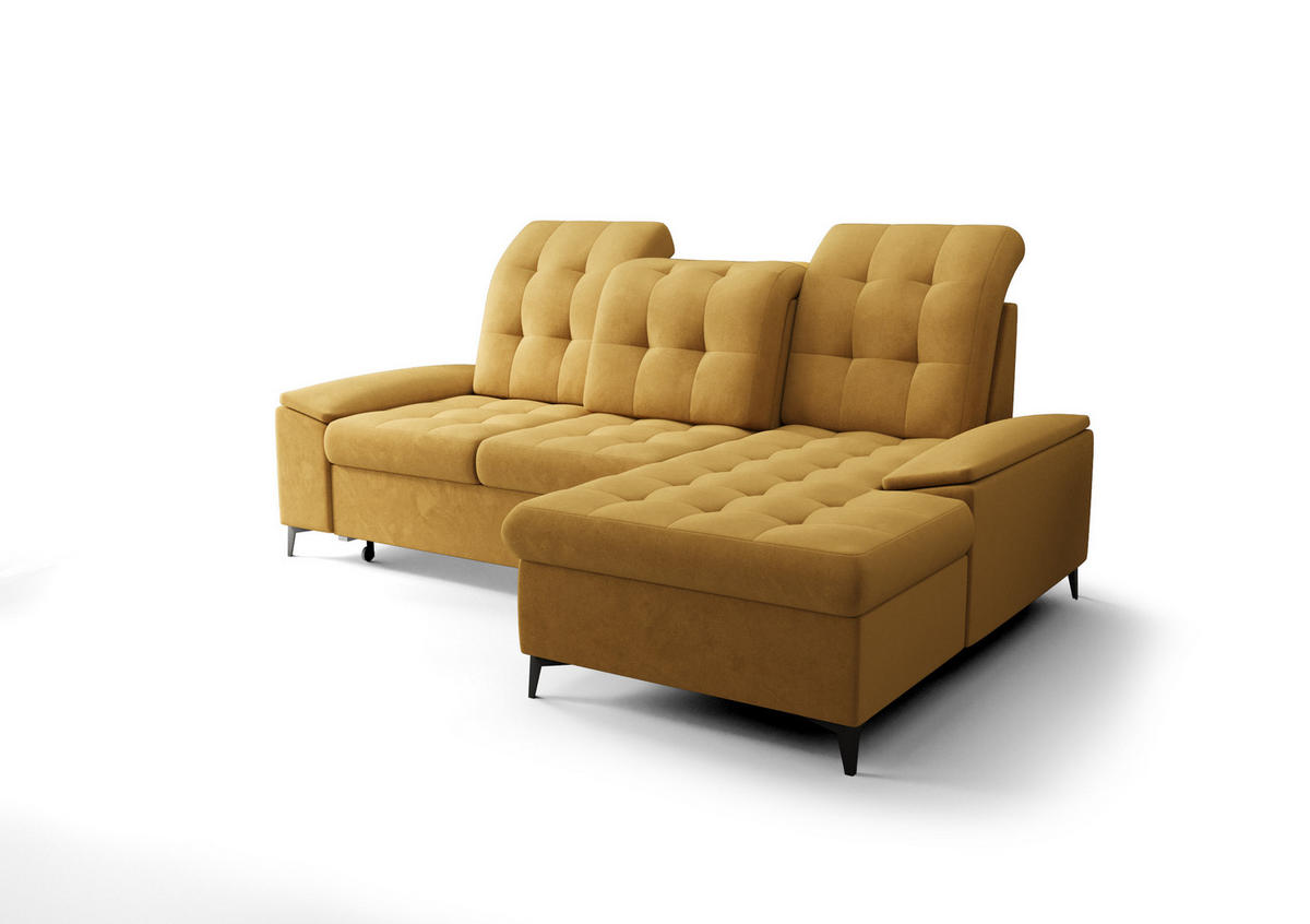 ECKSOFA KONGO RBN18, Eckcouch in L-Form mit Schlaffunktion, Farbe: Gelb, Velourstoff, Ottomane Rechts - Gelb, Textil (257/172cm) - O-Sofa