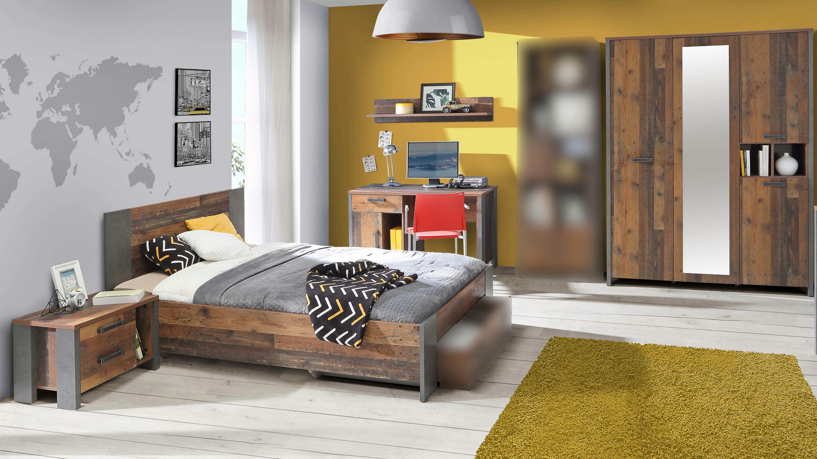 JUGENDZIMMER Clif in Dunkelgrau und Old- Wood Vintage 4 teilig - Braun, Holzwerkstoff (120/200/80cm)