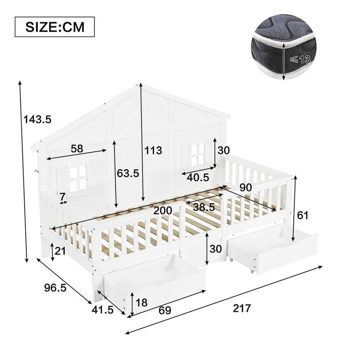 DJECJA POSTELJA 90x200 cm s dvije velike ladice, bijela - bijela, drvo (92/210cm) - KOMHTOM