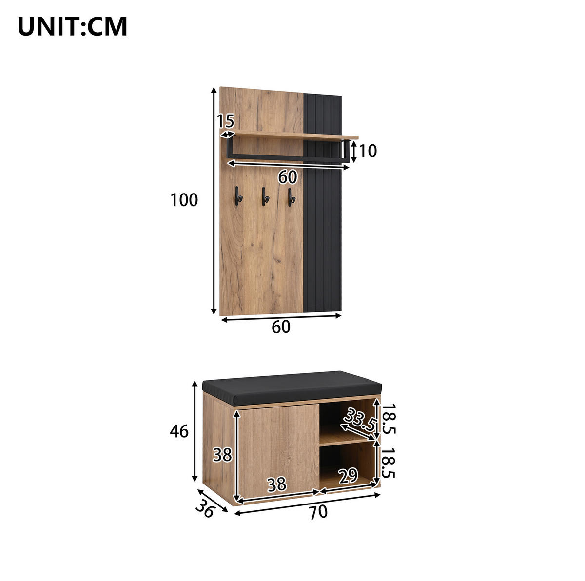 SCHUHSCHRANK aus Spanplatte 70x36x146cm in Natur mit 3 Haken - Naturfarben, Holzwerkstoff (70/146/36cm) - Modfu