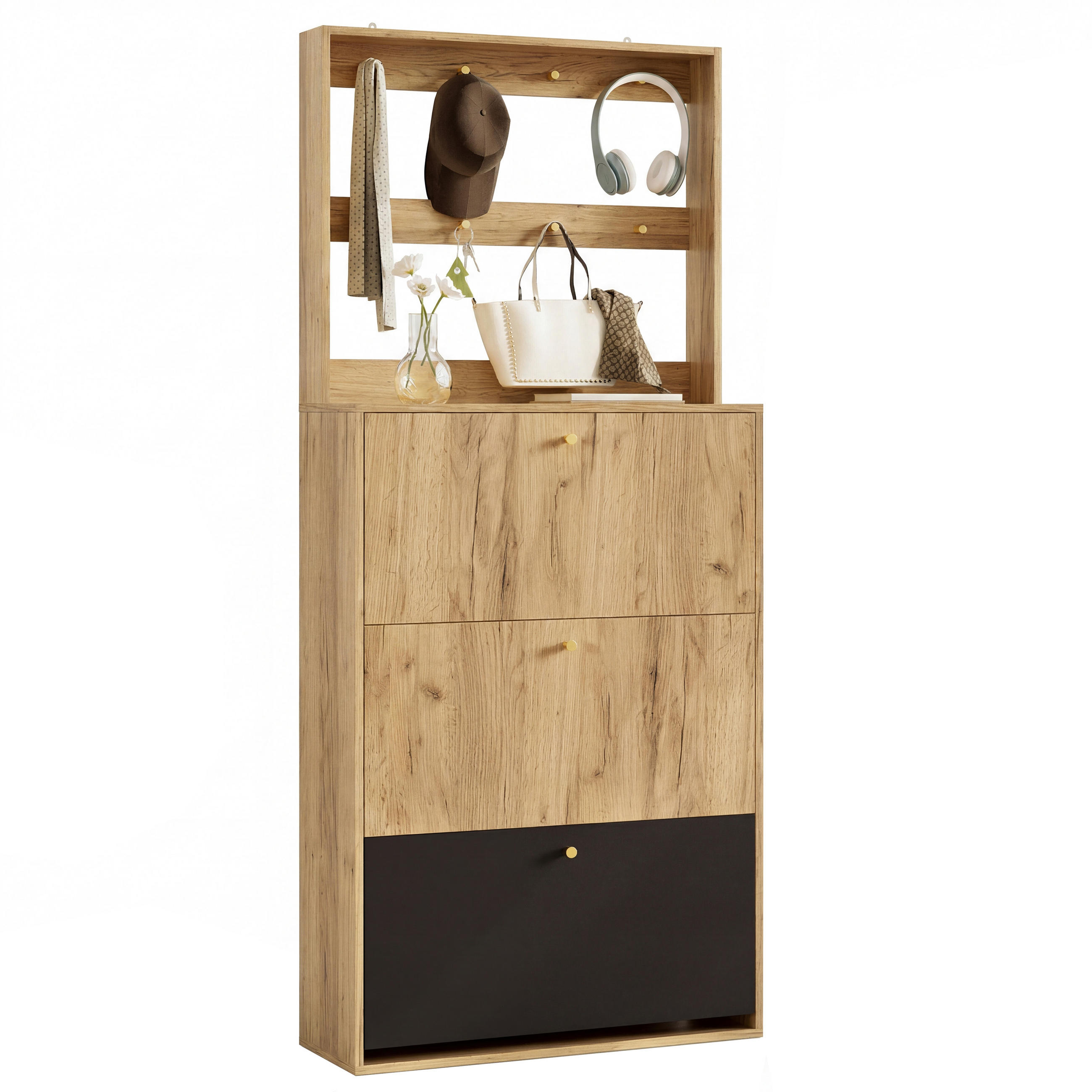 SCHUHSCHRANK mit 3 Klappfächern und Garderobenhaken Naturfärgad 180/75/24 cm