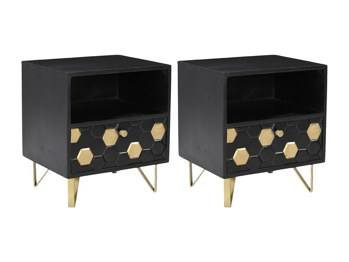 2ER-SET Nachttische mit 1 Schublade & 1 Ablagefach - Mangoholz & Metall - Schwarz & Goldfarben - BELORI - Schwarz, Holz (945/50/38cm) - Vente-Unique