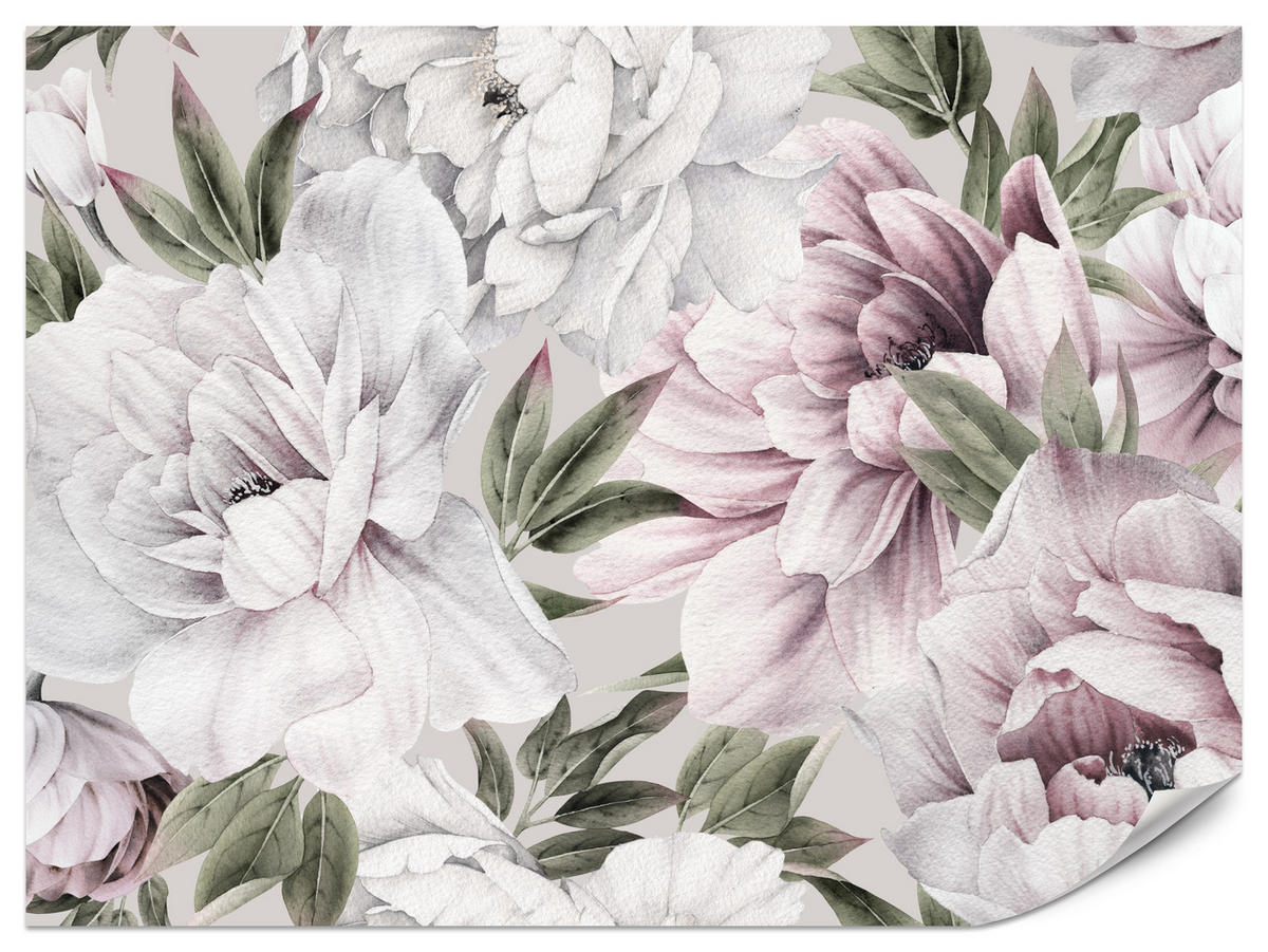 FOTOTAPETE für Schlafzimmer Pastell Pfingstrosen Boho Pflanzen 400x280 - Violett/Rosa, Papier (400/280cm) - Muralo