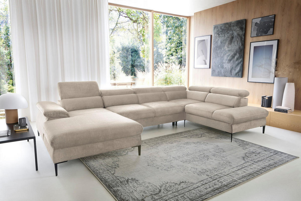 ECKSOFA U-Form 350 cm Amaro M mit Schlaffunktion, Links, Creme - Creme, Holz (214/353cm) - Emporius