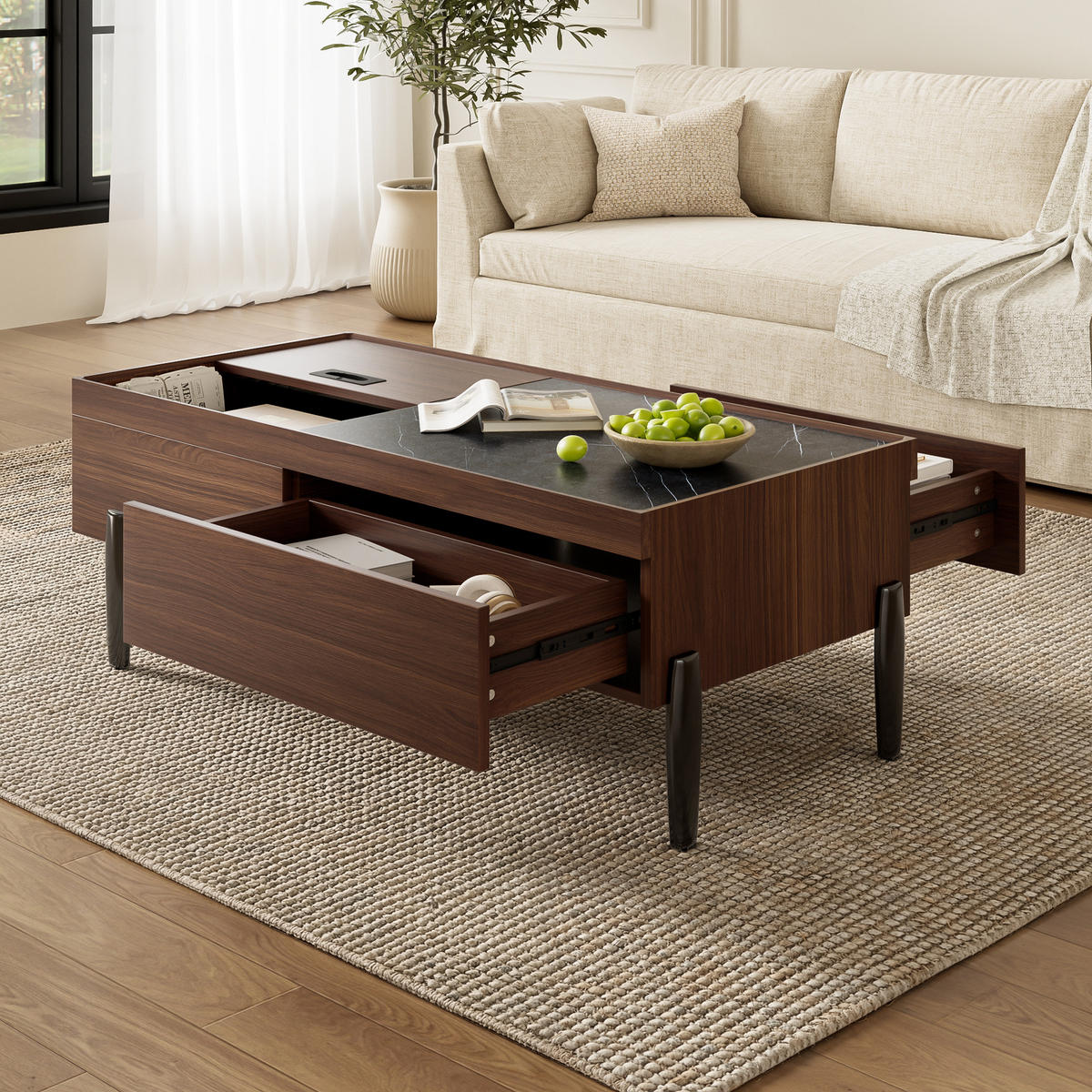 COUCHTISCH mit Schubladen & Glasplatte, MDF dunkelbraun, silbergraue Metallbeine, 105/50/41,5 cm, Dunkelbraun und dunkles Marmormuster - Dunkelbraun, Holzwerkstoff (105/50/41.5cm) - Redom