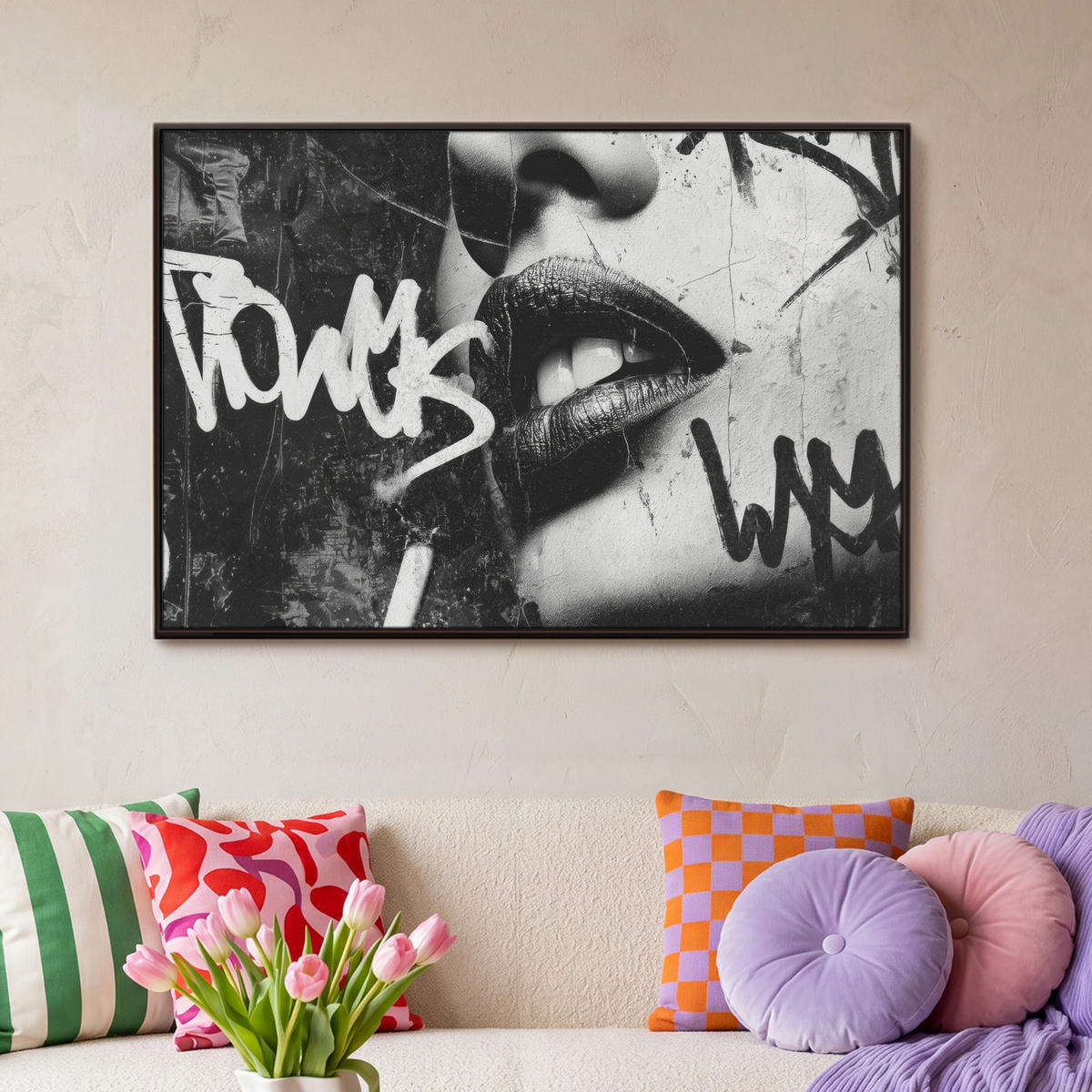 LEINWAND Bilder mit Rahmen - Gesicht - Mund - Graffiti - Schwarz - 90x60 - Schwarz, Textil (90/60cm) - MuchoWow