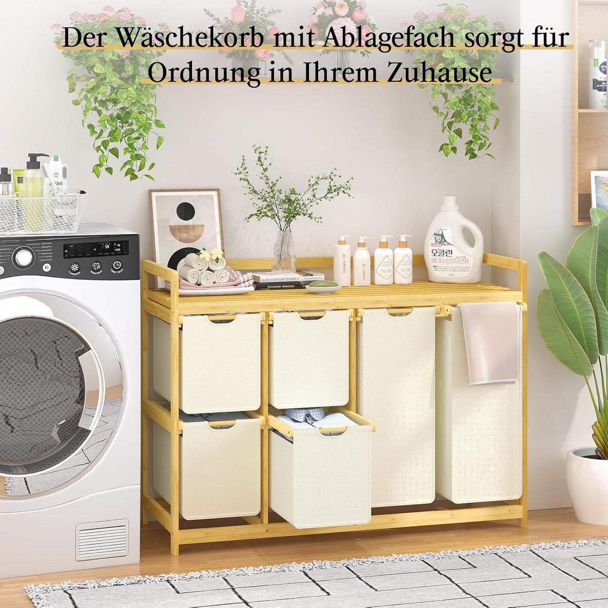 WÄSCHEKORB mit 6 Fächern Bambus Beige - Beige, Naturmaterialien (41.5/77/105cm)