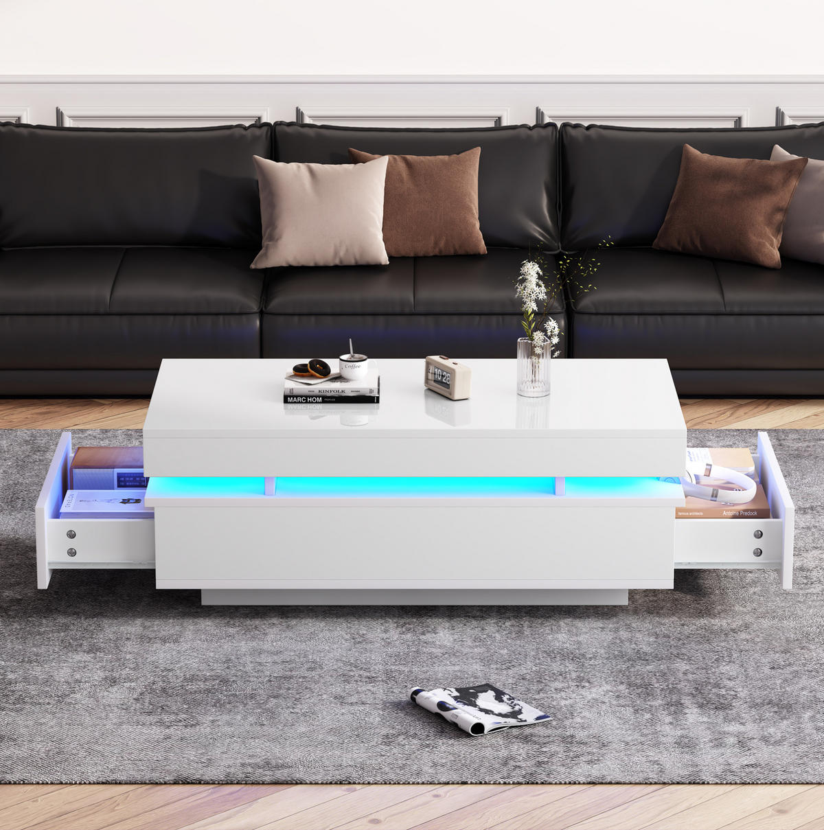 COUCHTISCH mit 2 Schubladen 100 x 50 x 35 cm Hochglanz Weiß mit LED - Weiß, Holzwerkstoff (100/50/35cm) - Meubliv