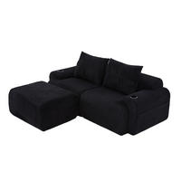 MODULARES 2-Sitzer Cordsofa mit Hocker Getränkehalter und Seitentasche 200/174/80 cm Schwarz - Schwarz, Textil (174/200cm) - Redom