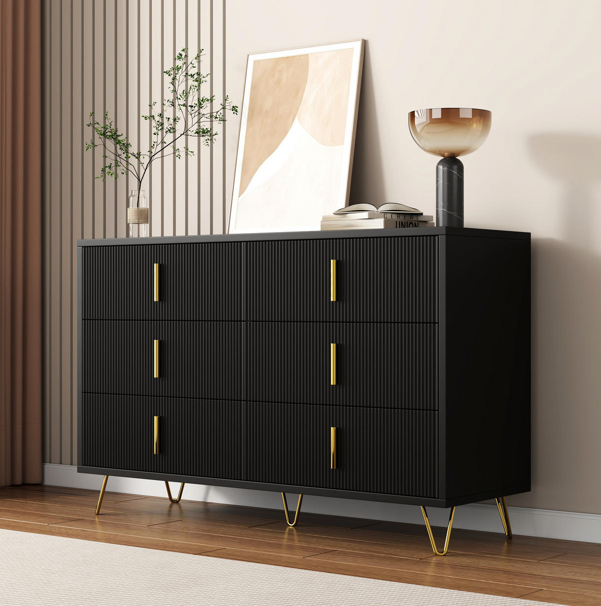 KOMMODE aus Spanplatte 120x77x40cm in Schwarz-Gold - Schwarz, Holzwerkstoff (120/77/40cm) - Modfu