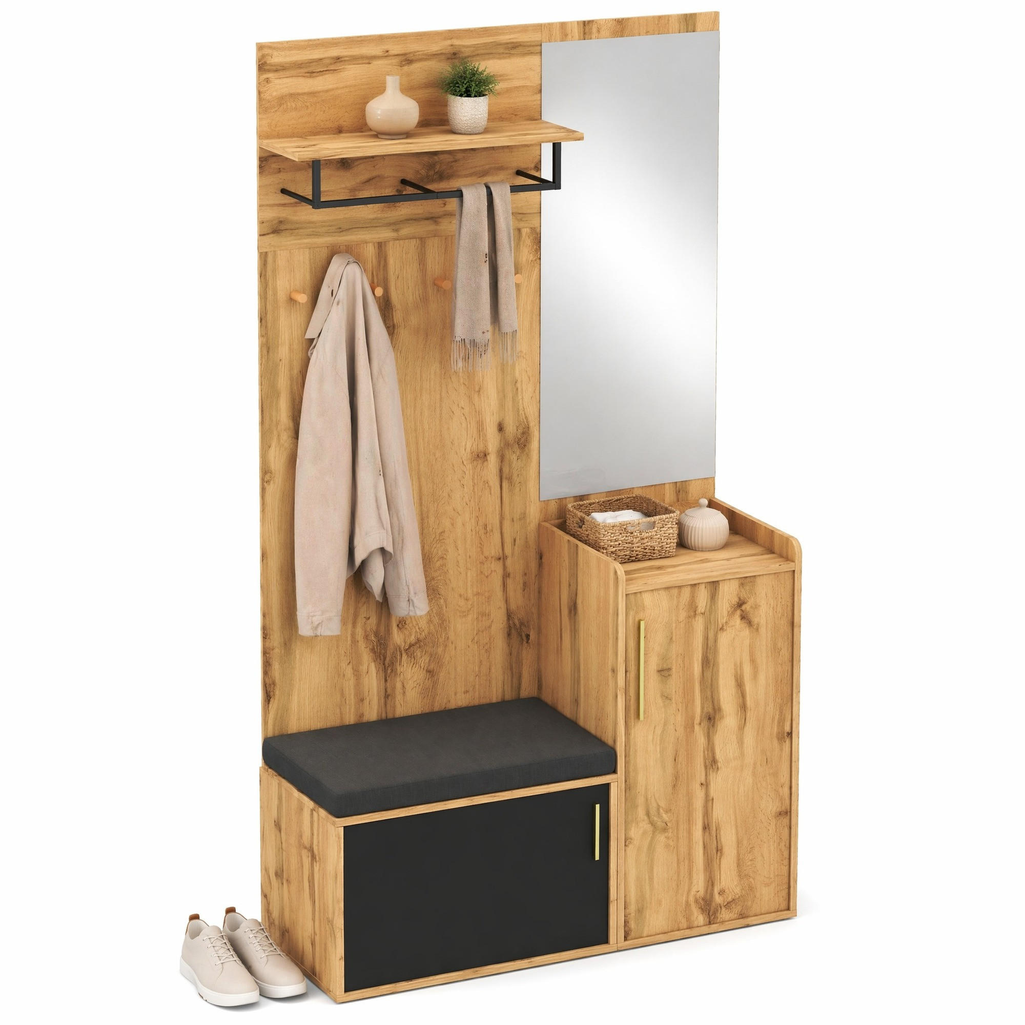 GARDEROBEN-SET in Naturfarben Kleiderschrank-Set mit Spiegel, Sitzbank, Schuhregal und Haken für Flur, B100/T38/H185cm - Schwarz/Naturfarben, Glas/Holzwerkstoff (100/185/38cm) - STILVORA