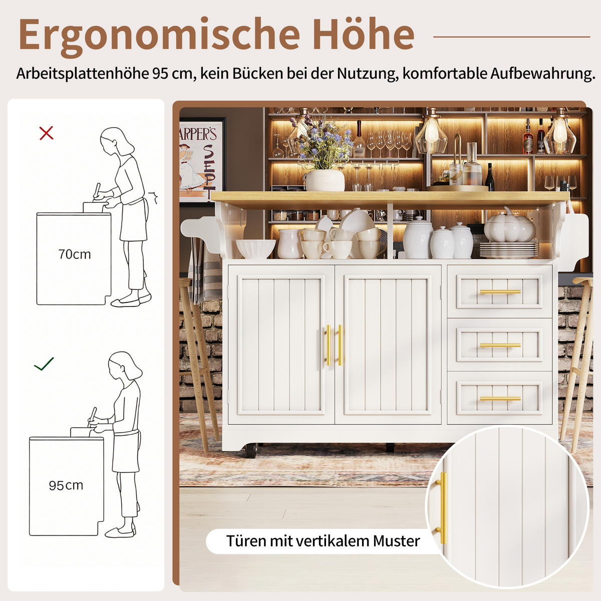 KÜCHENINSEL DE-38361 120/197 cm ausklappbar mit 3 Schubladen Weiß - Weiß, Holzwerkstoff (120/95/40cm) - ComfortXL