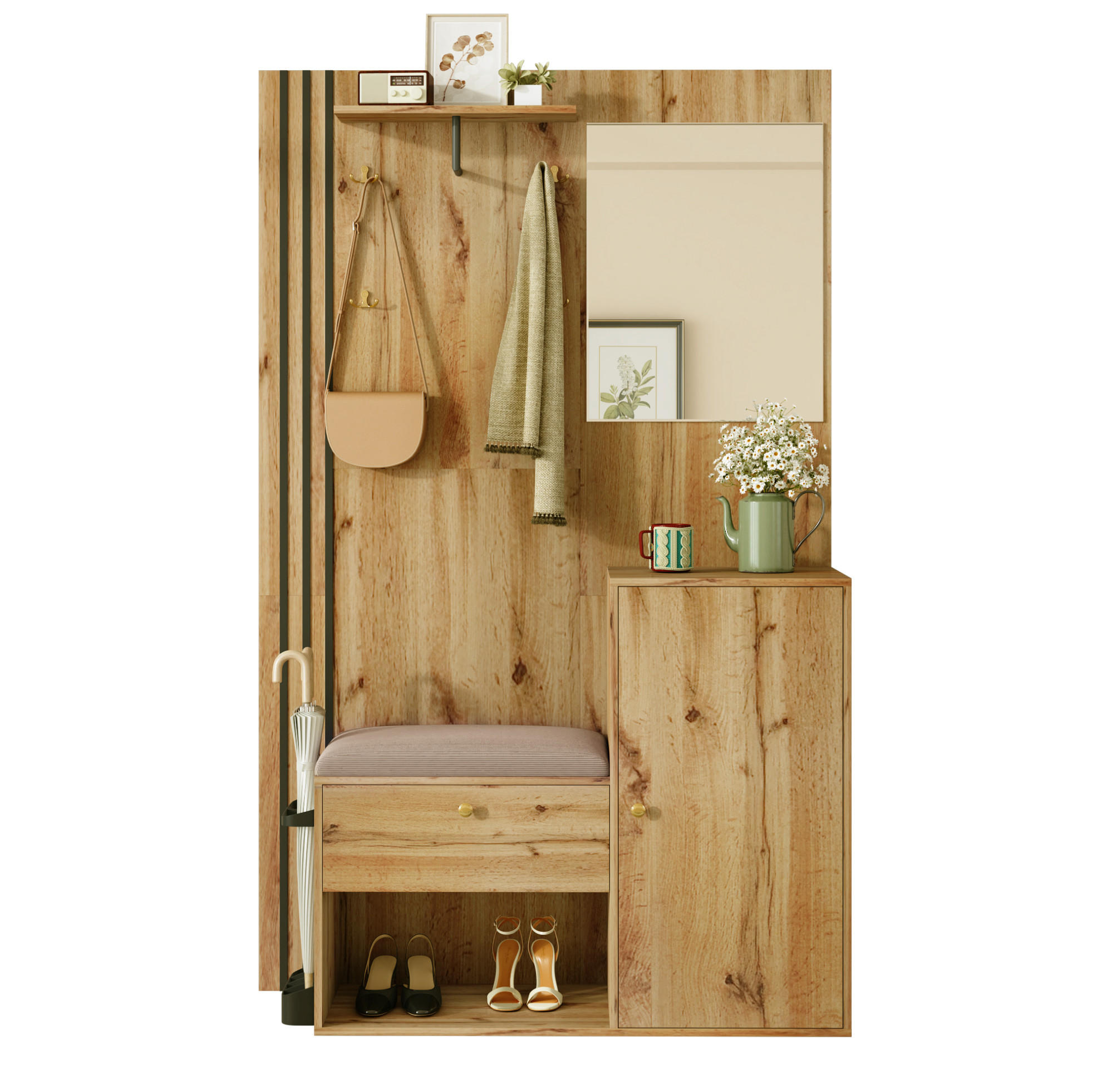 FLURGARDEROBE 115/37/185 cm aus MDF mit Spiegel und gepolsterter Sitzfläche Naturfarben mit Schwarz - Naturfarben, Holzwerkstoff (37/185/115cm) - Modenvie