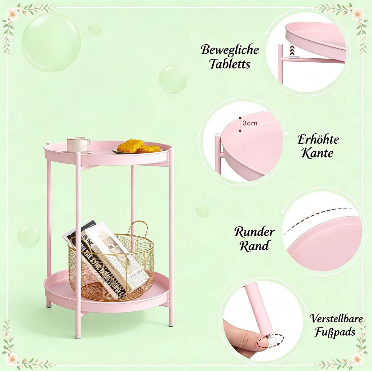 RUNDER Beistelltisch aus Metall 44x44x53 cm Pink mit 2 abnehmbaren Schalen - Pink, Metall (44/44/53cm) - IVMEU