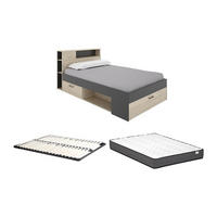 BETT mit Kopfteil, Stauraum & Schubladen - 120 x 190 cm - Holzfarben & Anthrazit + Lattenrost + Matratze - LEANDRE - Anthrazit, Holz (129.6/217.3cm) - Vente-Unique