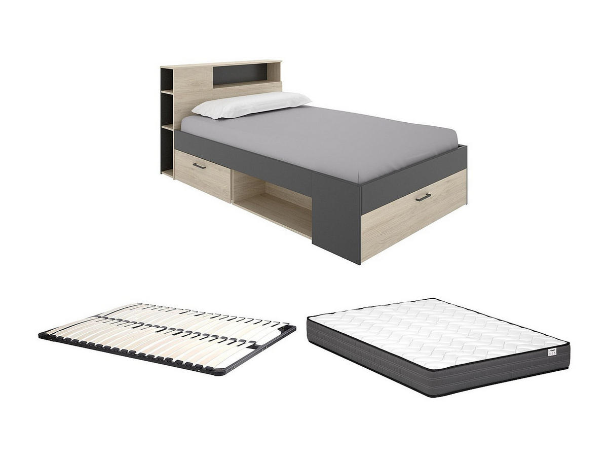 BETT mit Kopfteil, Stauraum & Schubladen - 120 x 190 cm - Holzfarben & Anthrazit + Lattenrost + Matratze - LEANDRE - Anthrazit, Holz (129.6/217.3cm) - Vente-Unique