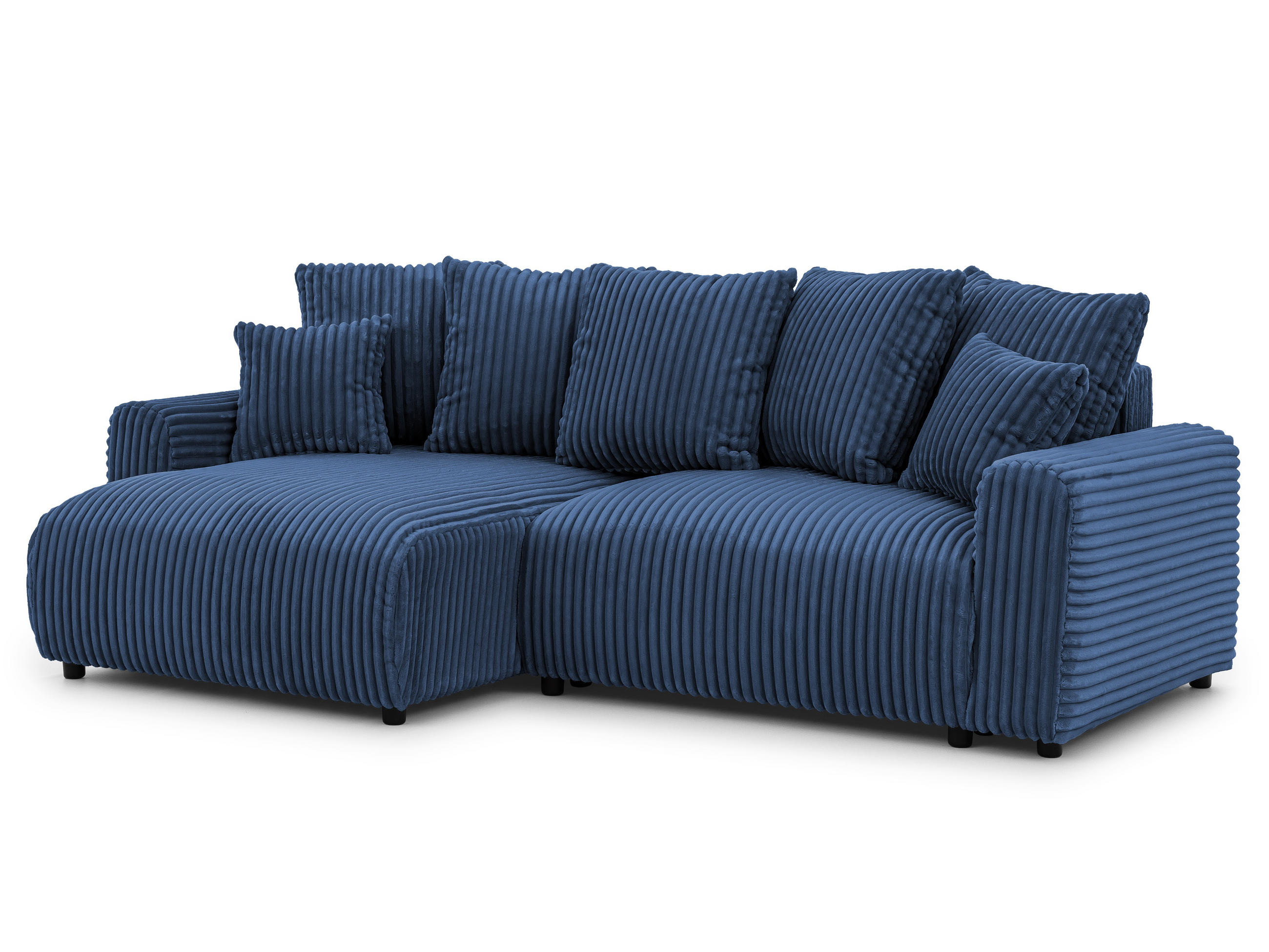 ECKSOFA Calma mit Schlaffunktion und Bettkasten im Bumpy-Design aus weichem Marineblau Plüschcord - Ottomane links - Blau/Schwarz, Holz/Kunststoff (239/140cm) - S-Style
