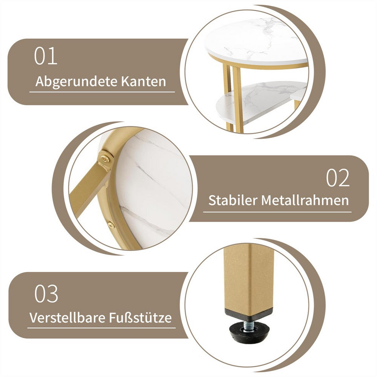 COUCHTISCH 2er-Set - Ovaler und Runder Couchtisch in Marmoroptik mit Ablage - Weiß und Gold - Goldfarben, Holzwerkstoff (46/80/41cm) - DELFA