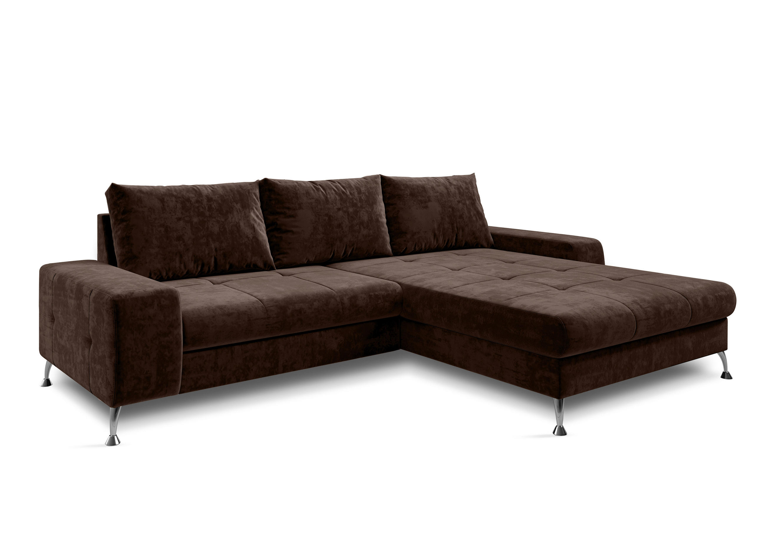 ECKSOFA L Form Artemia Braun Samt 275/210/81 cm – modernes Sofa fürs Wohnzimmer R - Silberfarben/Braun, Textil/Metall (275/210cm) - AX Living