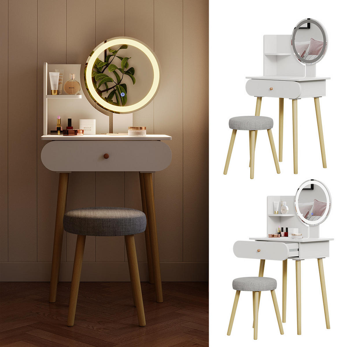 SCHMINKTISCH Edda Weiß 60 cm mit LED-Spiegel und Hocker - Weiß, Holzwerkstoff (60/127/40cm) - Vicco