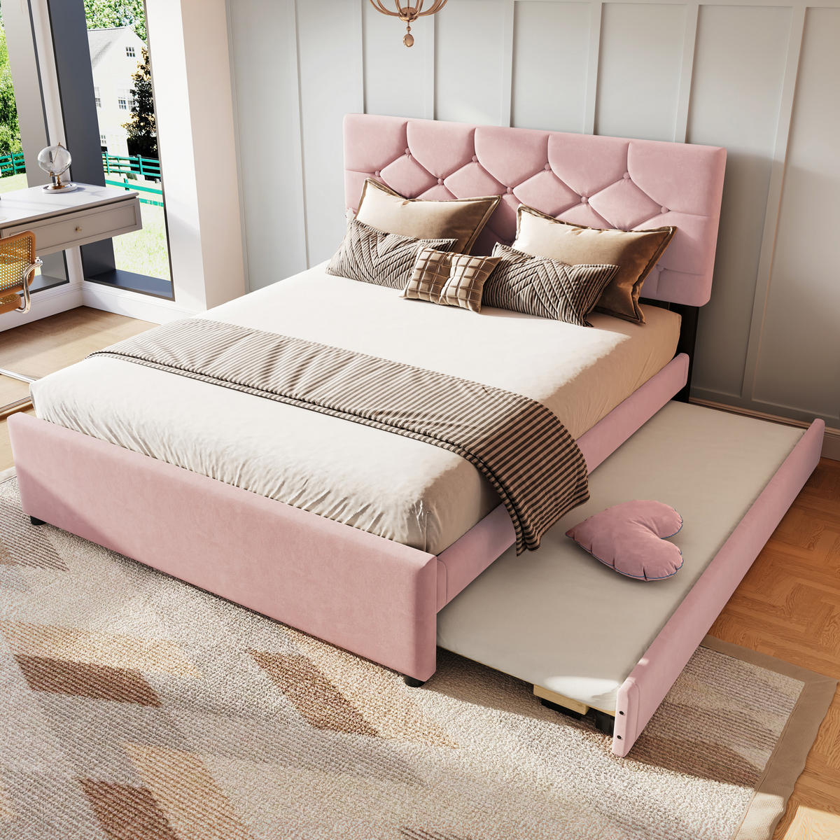 POLSTERBETT 140x200cm Rosa Samt Rollcontainer Minimalistisch - Pink, Holz (140/200cm) - FLIEKS