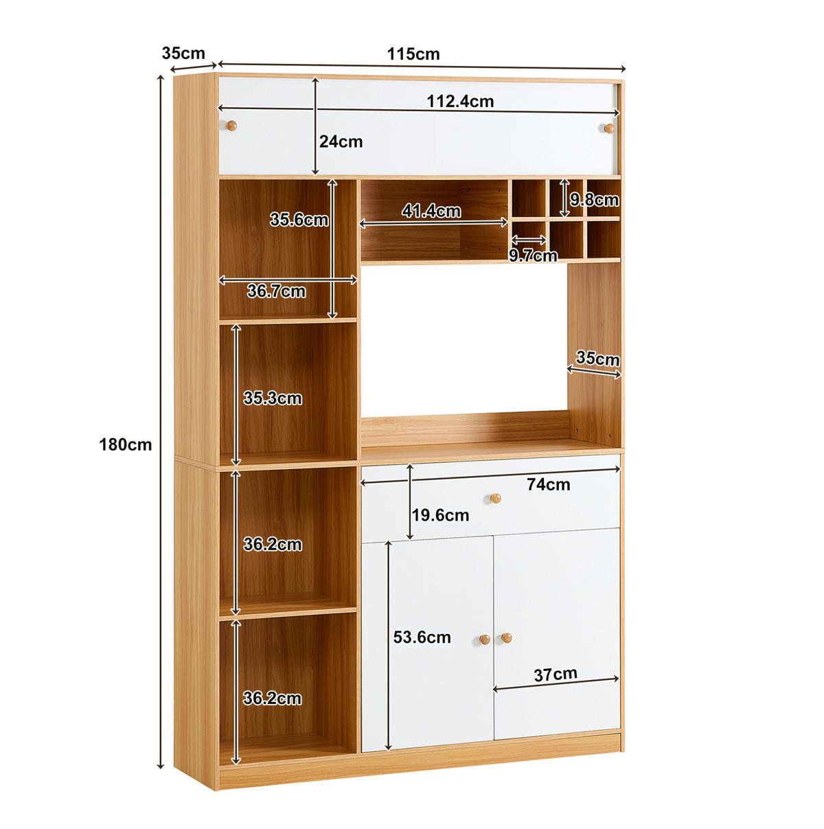 KUHINJSKI ormar od iverice 115x35x180 cm bijela i prirodna s LED rasvjetom, ladicom, trojim vratima i otvorenim policama - bijela, drvni materijal (115/180/35cm) - Modfu