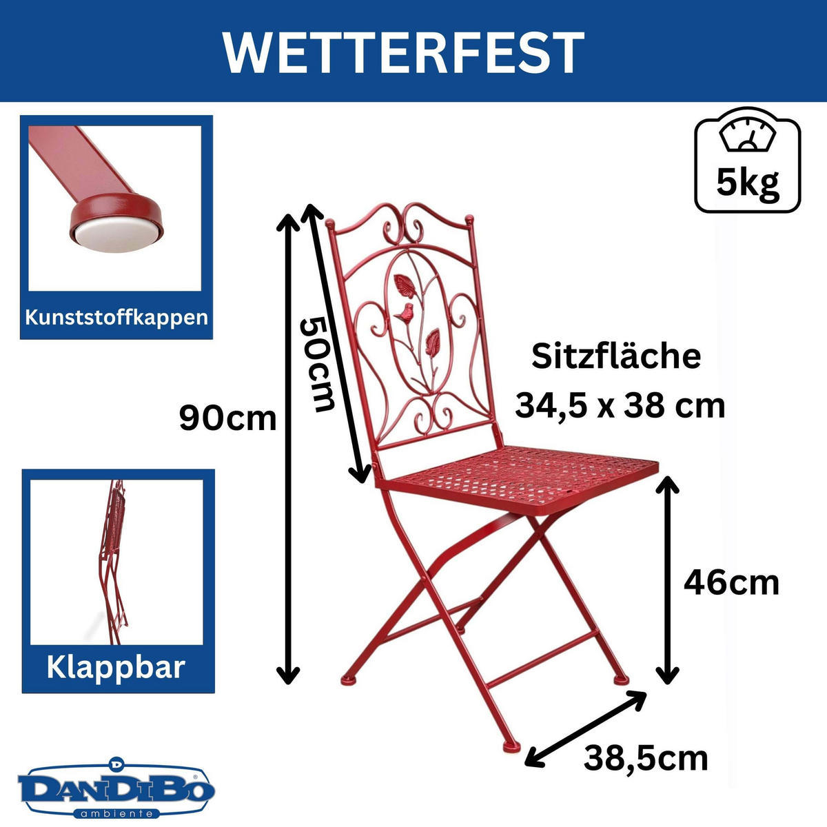GARTENSTUHL Klappbar Antik Rot Metall Rosso Wetterfest 90cm Bistrostuhl - Rot, Metall (38.5/90/35cm) - DanDiBo