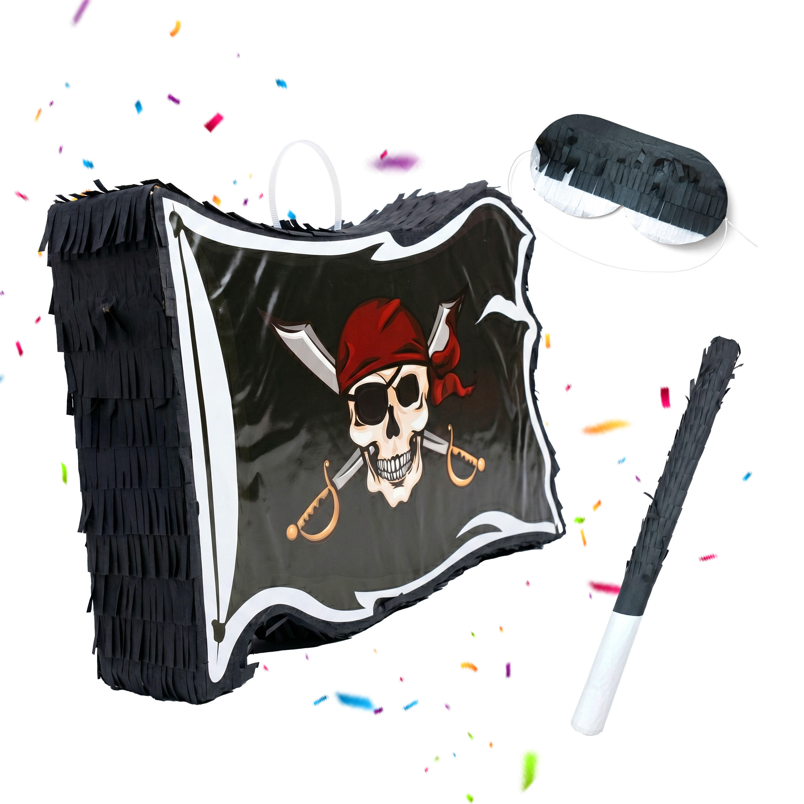 Relaxdays PINATA Černá Bílá pirátská vlajka 3dílná-sada s maskou a tyčí