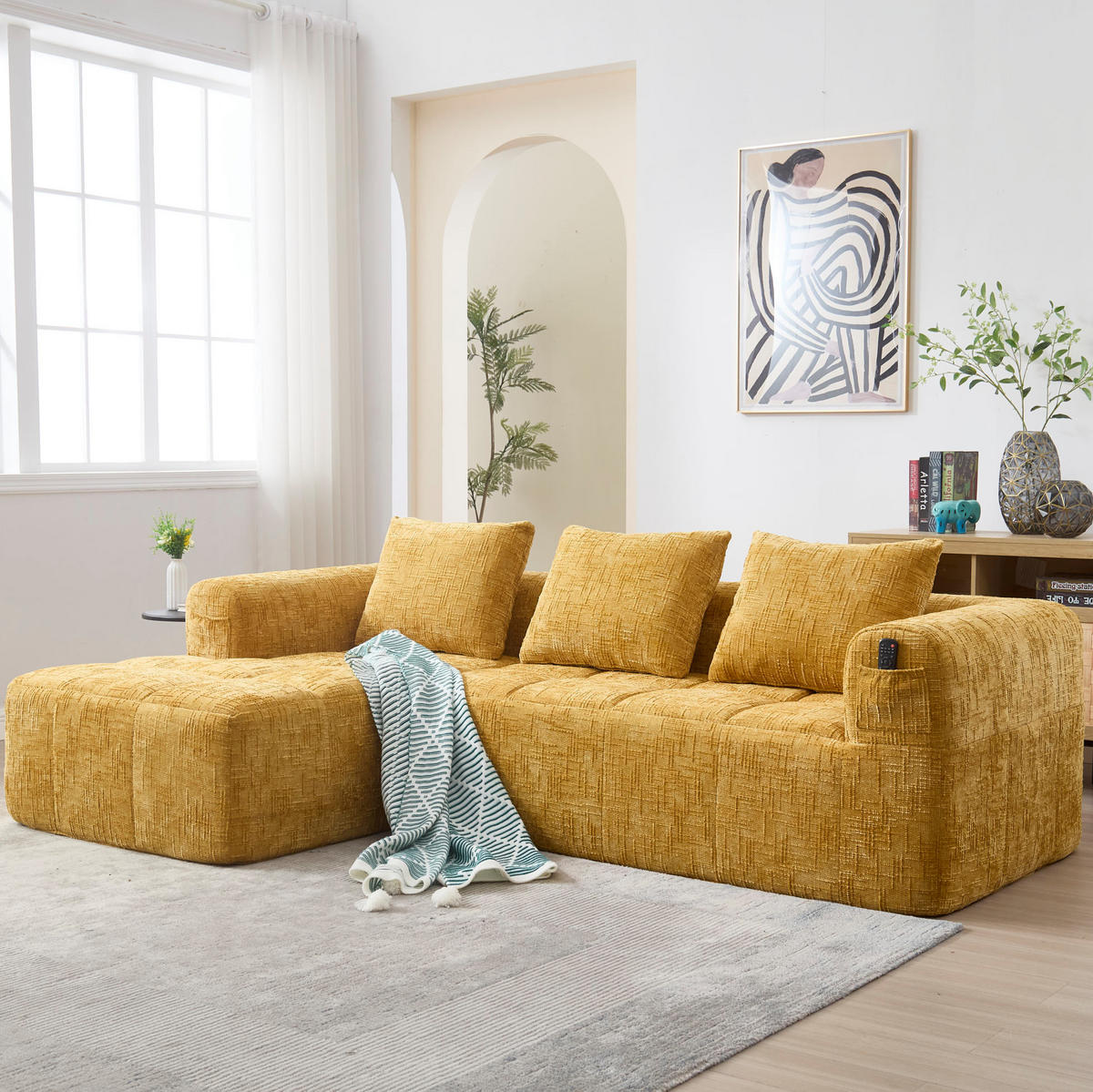 SOFA mit Chaiselongue 250 x 158 cm Chenille Yellow - Gelb, Textil (158/250cm) - Meubliv