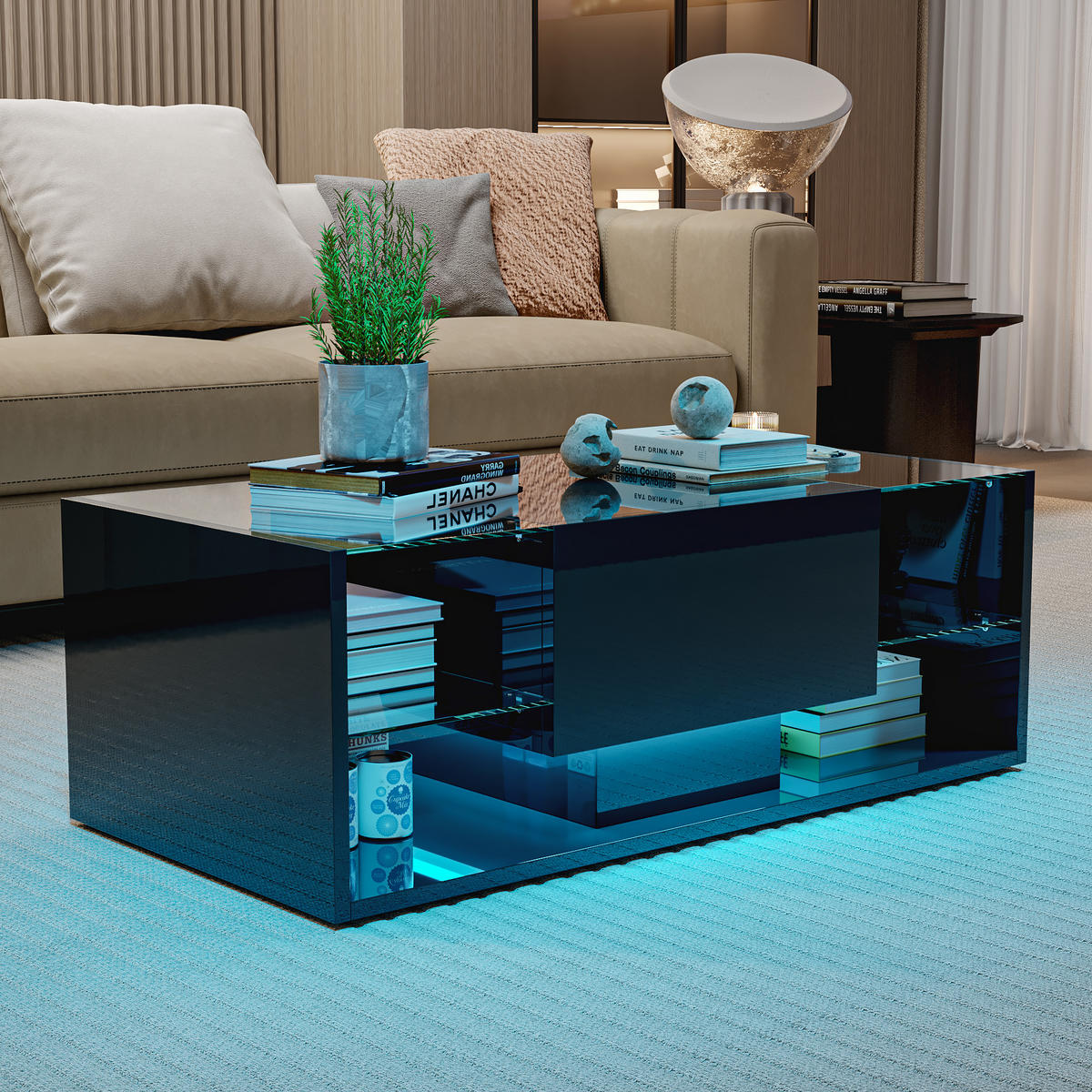 COUCHTISCH SCHWARZ MIT LED & GLAS Hochglanz, 100x50x35cm, Modern Wohnzimmer - Schwarz, Stein (100/50/35cm) - CASIVA