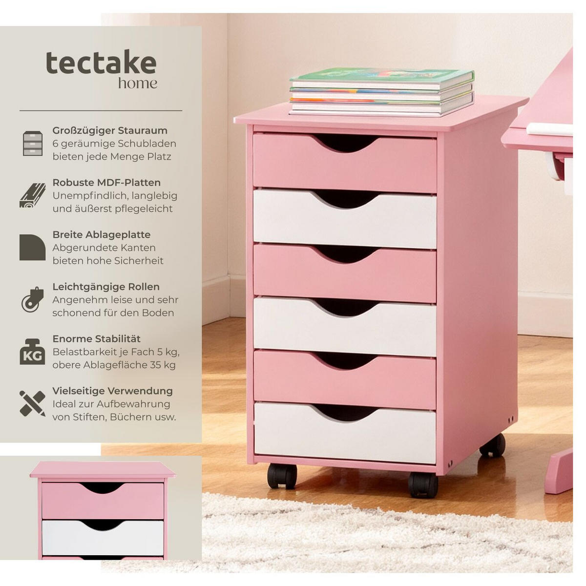 ROLLCONTAINER ,einfache Montage, 36 x 40 x 65 cm,rosa - Rosa, Holz (40/65/36cm) - tectake